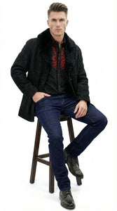 Men’s Black Sheepskin Leather Jacket Cowboy – Warm Faux Fur Collar Coat, Winter Long Jacket, Casual Western Style Outerwear
