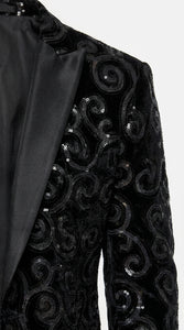 Men’s Black Velvet Sequin Swirl Dinner Jacket – Blazer Paisley Sparkly