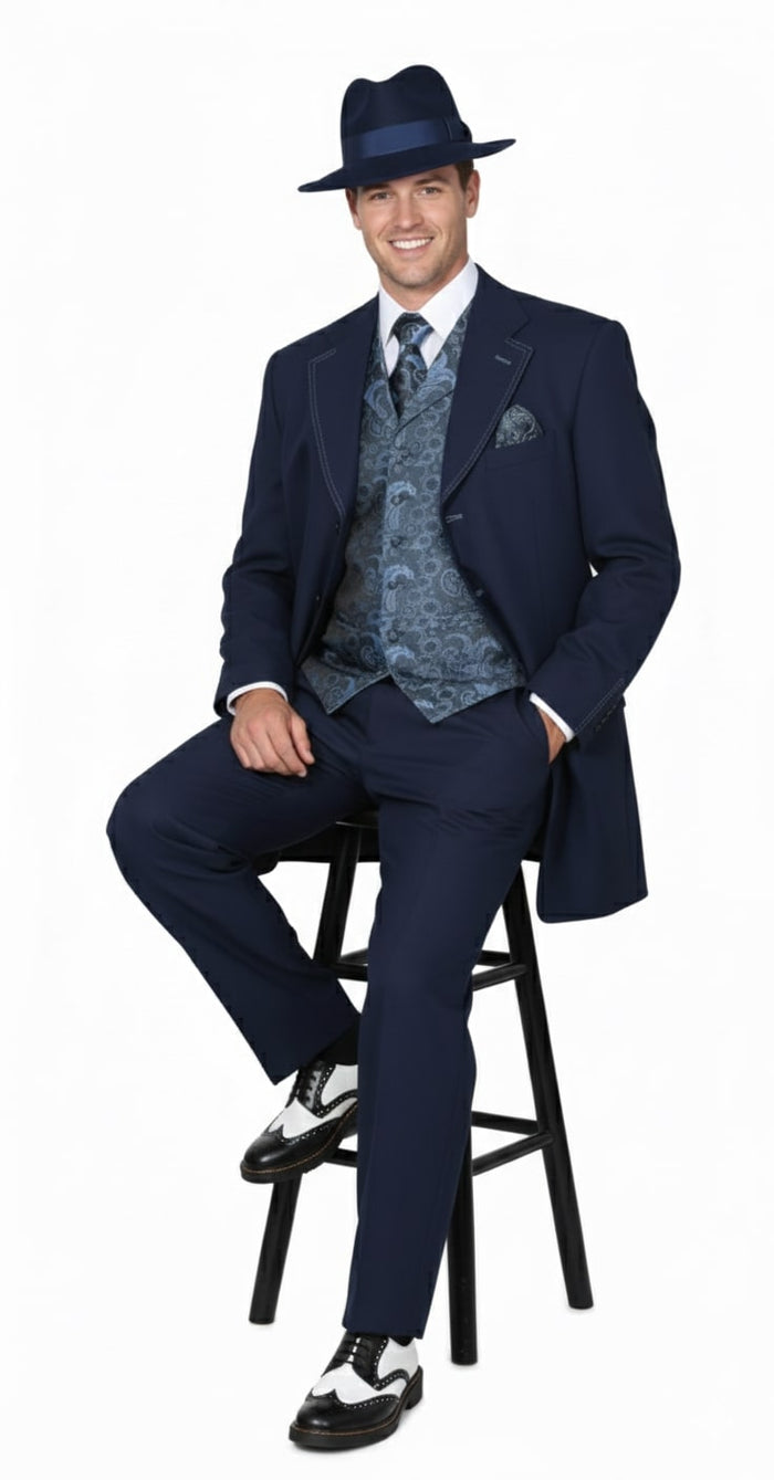 Mens 1920s Navy Blue Zoot Suit – Vintage Gangster 3-Piece Long Jacket Suit Classic Fit Pleated Pants