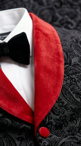 Men’s Black Paisley 2 Piece Suit with Red Shawl Lapel, Formal Wedding Prom Party Suit Set
