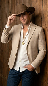 Men’s Cream Tan Beige Windowpane Plaid Western Blazer, Formal Cowboy Wedding Prom Sport Coat Jacket