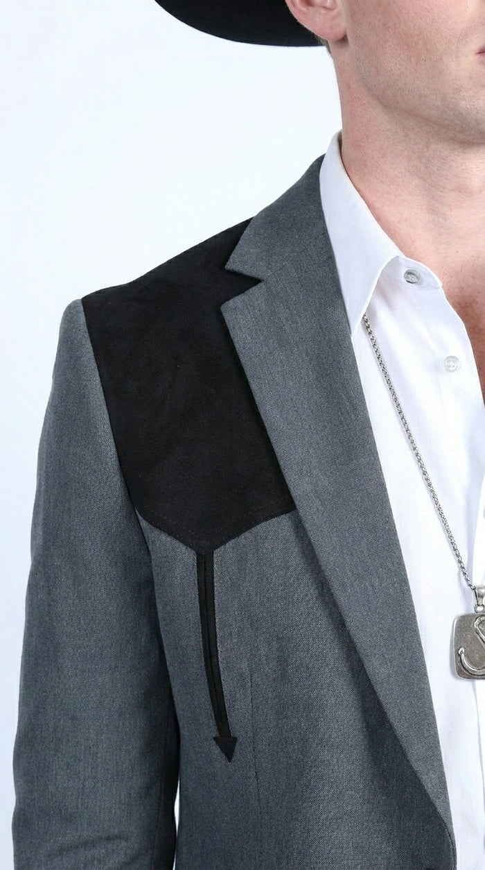 Men’s Dark Charcoal Western Blazer with Black Suede Yokes, Cowboy Sport Coat for Ranch Wedding and Country Events By Platini