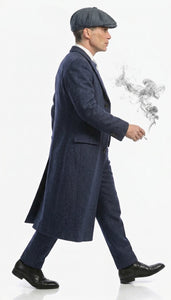 Men’s Navy Blue Herringbone Tweed  1920s 3 Piece Suit with Overcoat – Vintage Peaky Blinder Style Formal Suit Set with Blazer, Waistcoat + Overcoat + Hat