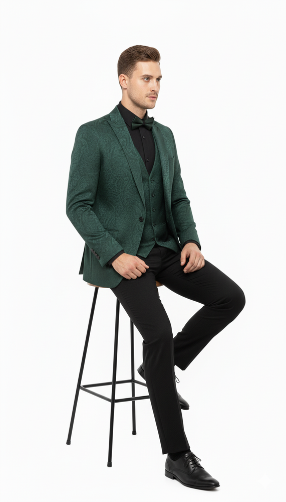 Men’s Emerald Green Paisley Tuxedo 3-Piece Suit – Slim Fit Formal Blazer, Vest, and Pants for Weddings, Proms
