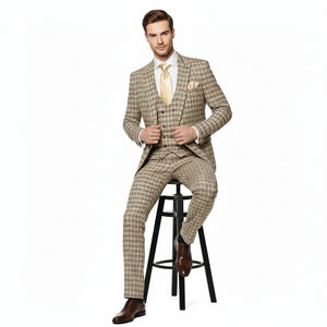 Men’s Beige and Navy Check 3-Piece Suit Set – Premium Tailored Fit Formal Wedding and Business Suit By Rossiman