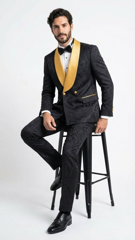 Men’s Black and Gold Jacquard Tuxedo Suit – Luxury Slim Fit Formal Wedding, Prom, and Gala Outfit