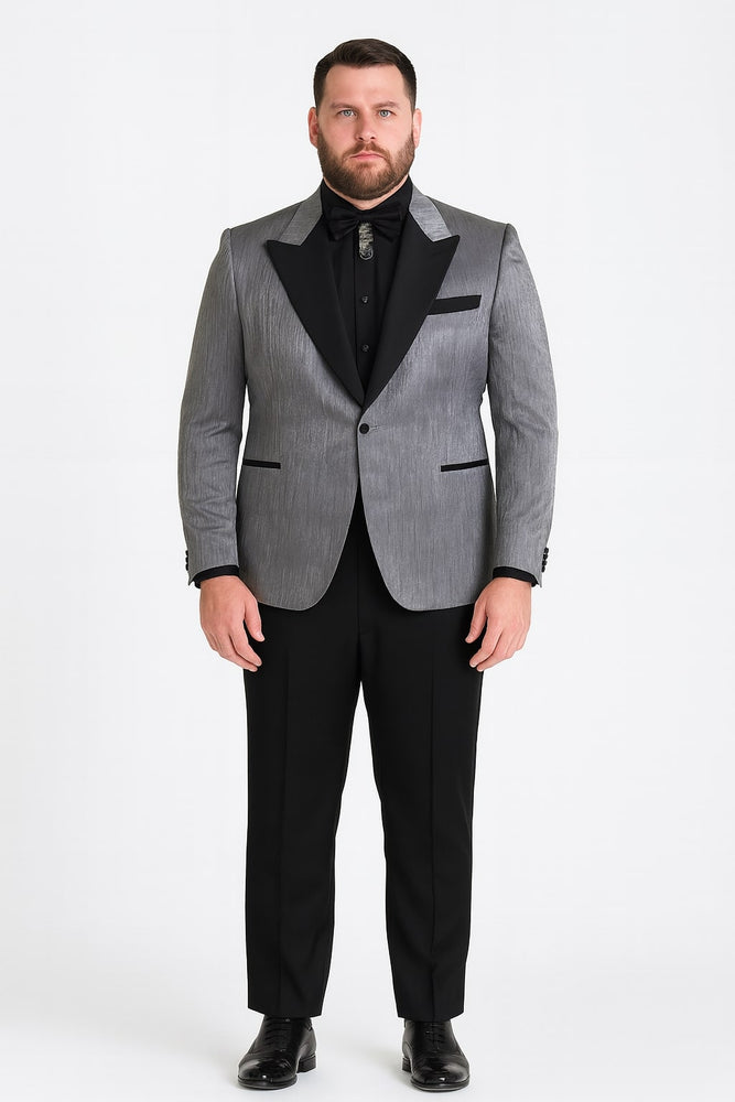Silver Metallic Tuxedo Suit with Black Satin Peak Lapel – Mens Slim Fit Formal Wedding and Prom Attire in Charcoal Grey With Pants