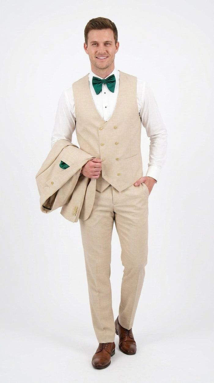 Men’s Khaki Tan 3-Piece Groomsmen Suit – Wedding Suit with Double-Breasted Vest and Pants Great Gatsby Style Gold buttons