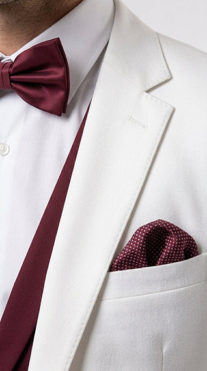 Men’s White and Burgundy 3 Piece Tuxedo Suit, Vested Formal Wedding Prom Dinner Suit Set bowtie included