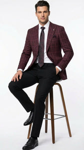 Men’s Burgundy Check Blazer – Windowpane Plaid blazer in Maroon Wine Color