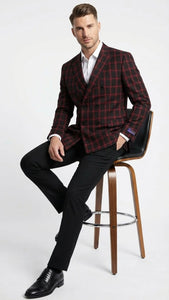 Men’s Black and Red Check Double Breasted Blazer – Sport Coat Jacket Windowpane Sportcoat Slim Fit