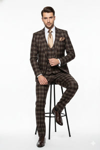 Men’s Brown Plaid Windowpane Three-Piece Suit Set – Classic Slim Fit Jacket, Double-Breasted Vest and Modern Fit Pants  By Rossiman