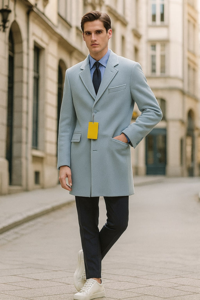 Mens Light Blue Wool Overcoat – Modern Long Coat with Classic Tailored Fit in Sky Blue