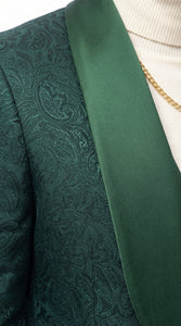 Mens Hunter Green Wedding Tuxedo Suit – Paisley Pattern Three Piece Formal Suit Set with Shawl Lapel for Groom, Prom in Emerald green