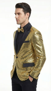 Mens Gold Sequin Blazer with Black Satin Lapel – Gold Formal Party Blazer Jacket for Prom, Wedding and Stage Events