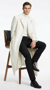 Mens Off-White Long Trench Coat – Overcoat with Classic Clean Design Duster Maxi Coat in Ivory Color
