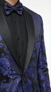 Mens Royal Blue Paisley Jacquard Blazer – Luxury Pattern Tuxedo Dinner Jacket with Black Satin Lapel for Wedding, Prom With Bowtie