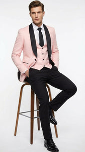 Men’s Blush Pink Tuxedo Suit Set with Black Shawl Lapel – 3 Piece Formal Wedding and Party Prom Vest + Black Pants