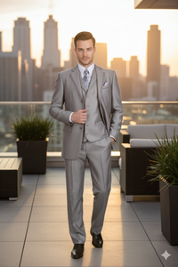 Men’s Light Gray 3-Piece Modern Fit Suit with Vest – Classic Formal Business and Wedding Attire