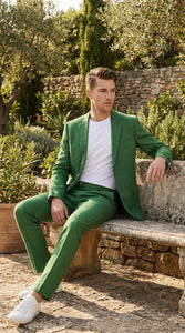 Men’s Emerald Green Linen Suit Set – Lightweight Summer Blazer and Pants, Casual Formal Summer Suit, Breathable Wedding Party Outfit