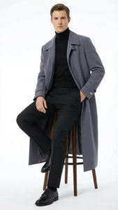 Men’s Full-Length Charcoal Grey Overcoat – Premium Microfiber Blend Long Dress Coat for Winter and Formal Wear in Gray Color