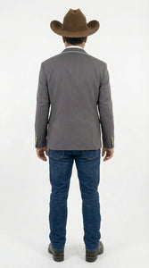 Mens Grey and White Trim Western Blazer – Classic Fit Cowboy Style Contrast Trim Dress Jacket