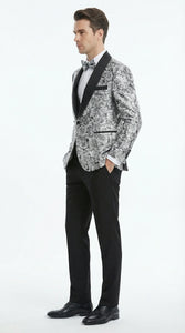 Mens Black and Silver Floral Tuxedo – Luxury Patterned Wedding, Prom and Formal Dinner Tuxedo