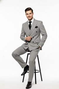 Men’s Grey and Black Pinstripe Double-Breasted Suit – 1920s Gangster Vintage Looking suit By Rossiman