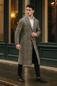 Men’s Full length  Long Plaid Overcoat – Classic Checkered Wool Blend Winter Coat in Gray Color Checkered