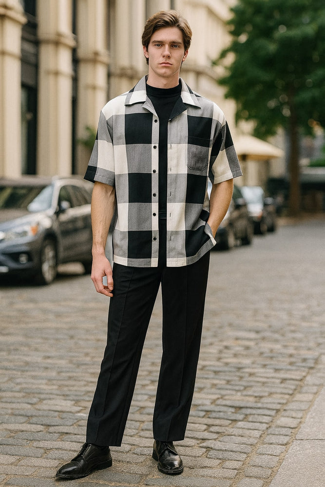 Mens Black and White Checkered Short Sleeve Shirt Set – Casual Two-Piece Summer Outfit