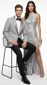 Men’s Silver Dinner Jacket – Satin Peak Lapel Tuxedo Blazer for Weddings, Prom & Formal Events in color silver grey