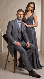 Men’s Grey 4-Button Zoot Suit – Four Buttons 3-Piece Fashion Suit with Double-Breasted Vest and Pleated Pants