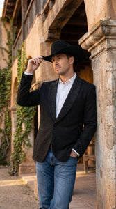 Men’s Black Western Blazer – Cowboy Tuxedo Jacket with Studded Shawl Collar with Glitter Lapel Rhinestone Lapel