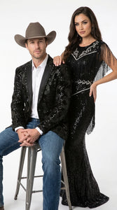 Men’s Black Sequin Western Blazer – Embroidered Cowboy Tuxedo Jacket with Rhinestone Lapels