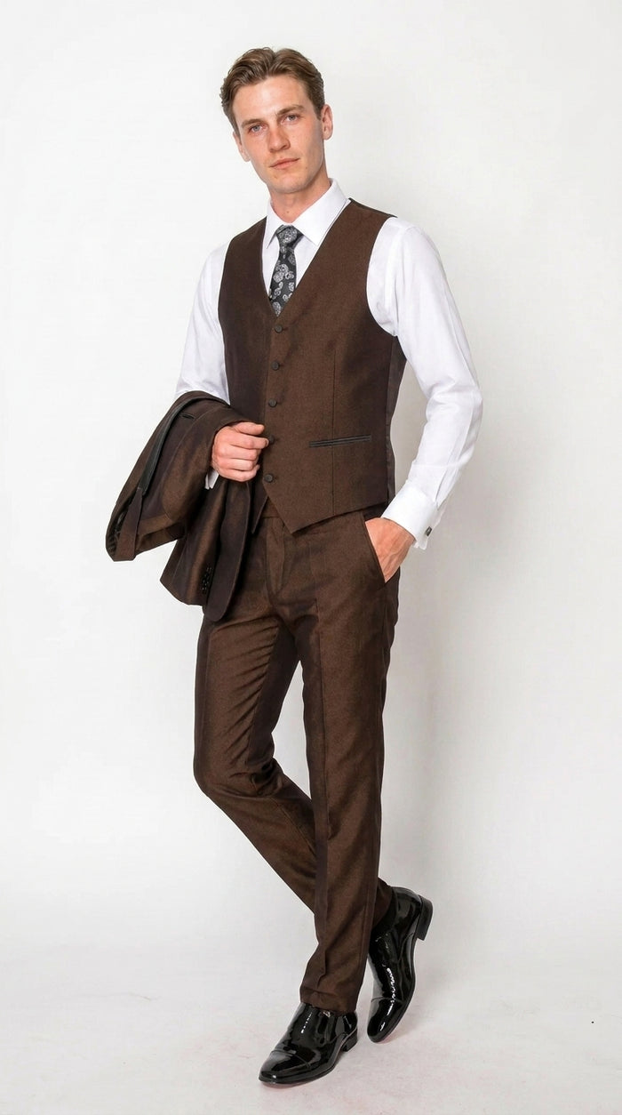 Men’s Chocolate Brown 3-Piece Tuxedo Suit with Black Satin Shawl Lapel – Shawl Collar Vested