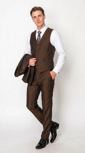 Men’s Chocolate Brown 3-Piece Tuxedo Suit with Black Satin Shawl Lapel – Shawl Collar Vested