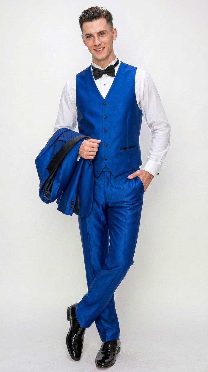 Men’s Shiny Royal Blue 3 Piece Tuxedo – Vested Wedding & Prom Suit with Black Shawl Lapel