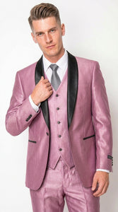 Men’s Shiny Mauve Pink 3 Piece Tuxedo – Wedding & Prom Suit with Black Shawl Lapel