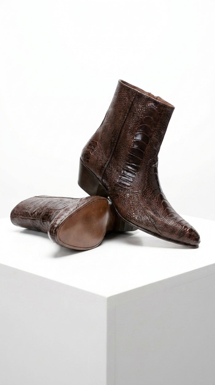 Men’s Brown Cuban Heel Boots – Exotic Ostrich Leg & Ostrich Quill Pointed Toe Dress Boots By Los Altos