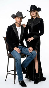 Men’s Black Velvet Western Blazer – Rhinestone Formal Cowboy Sport Jacket Removable Rhinestone Glitter Lapel