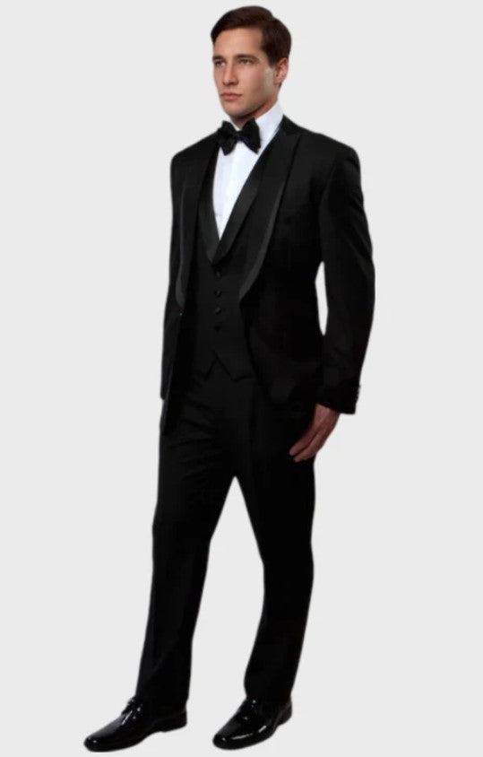 Big and Tall Tuxedo - Black 3 Piece Vested Side Vent Shawl Lapel Tuxedo