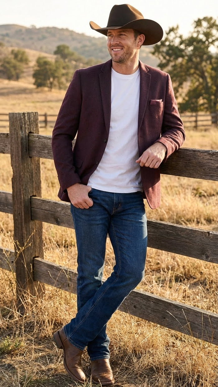 Men’s Burgundy Western  Blazer Jacket, Textured Cowboy Style Sport Coat for  - Tweed Herringbone Maroon Colo