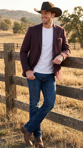 Men’s Burgundy Western  Blazer Jacket, Textured Cowboy Style Sport Coat for  - Tweed Herringbone Maroon Colo