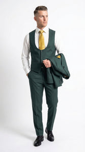 Mens Vitali 3 Piece Suit W/Scoop Vest Hunter Green 3-Piece Suit –, Big Peak Lapel  Vest and Pants  Modern Fit Two Buttons