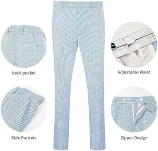 Mens Seersucker Pants - Summer Casual Pinstripe Modern Fit in Color Blue