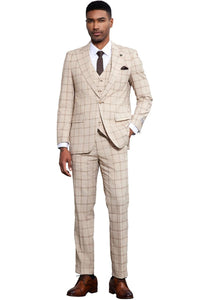 Men's Stacy Adams One Button Peak Lapel Vested Windowpane Plaid Suit in Tan