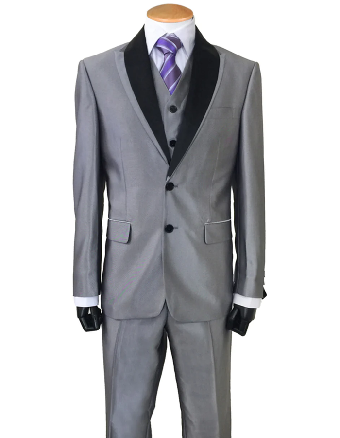 Designer Gray Prom Tuxedo - Grey Wedding  Satin Shawl  Suit in Silver