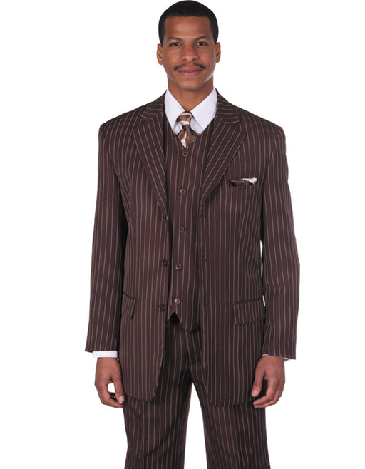 Mens 3 Button Notch Lapel Bold Pinstripe Gangster Suit in Brown - Men's Tuxedo USA