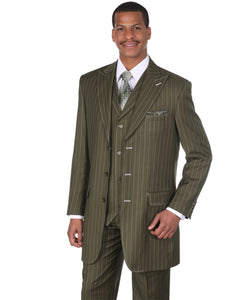 Mens 3 Button Peak Lapel Bold Pinstripe Gangster Suit in Olive - Men's Tuxedo USA