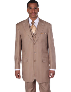 Mens 3 Button Peak Lapel Bold Pinstripe Gangster Suit in Tan - Men's Tuxedo USA